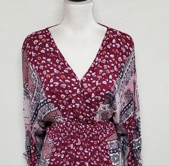 BOHO Anthropologie GiGiO USA Wine Floral Mixed Print Surplice V-neck Dress Small - Picture 3 of 14